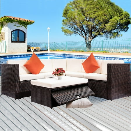 - JRFOTOO Outdoor Furniture 4 Piece Sectional Sofa Set All Weather Brown Wicker with Beige Cushions & Sophisticated Glass Coffee Table Conversation Set