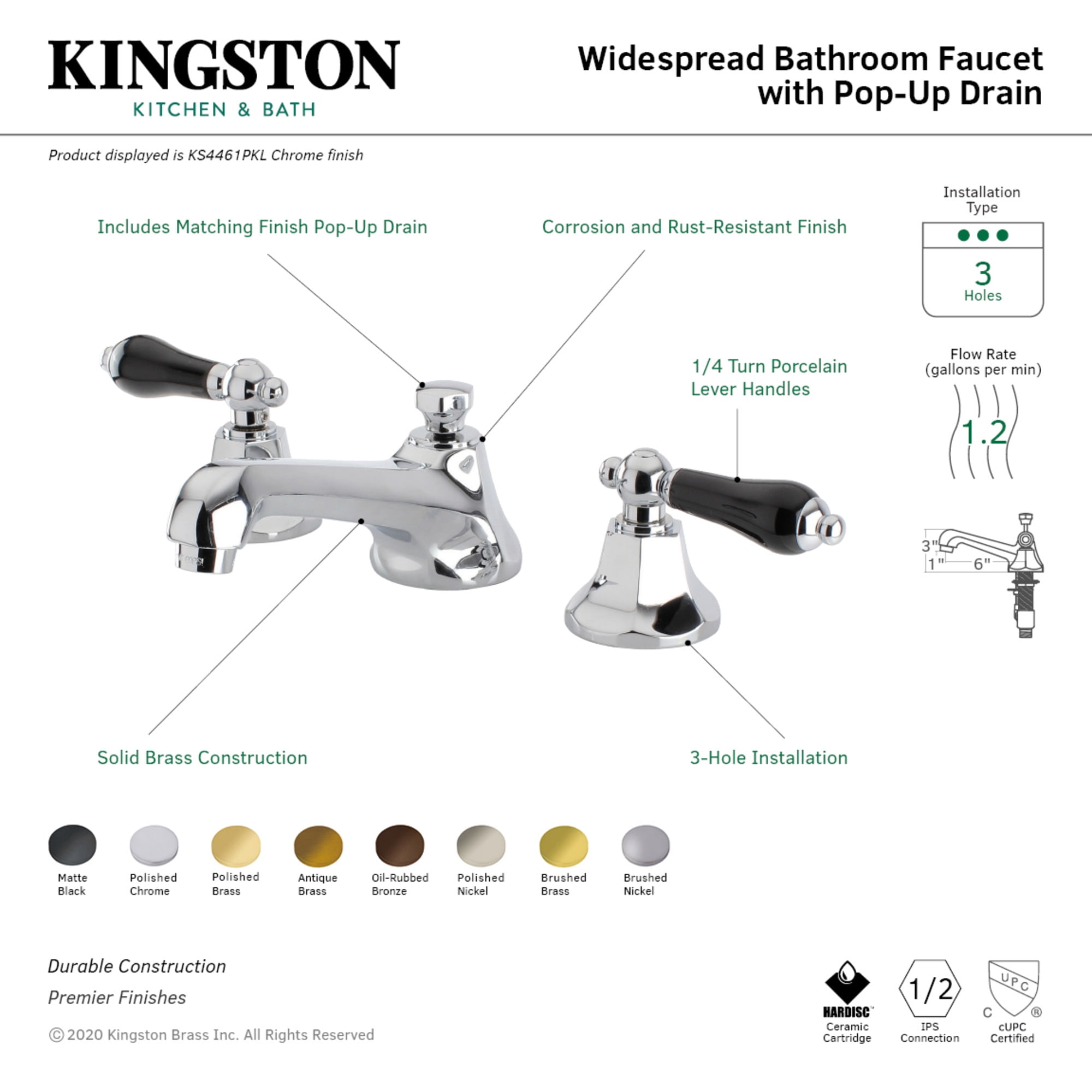 Kingston Brass KS4466PKL Duchess Widespread Bathroom Faucet with Brass Pop-Up, Polished Nickel