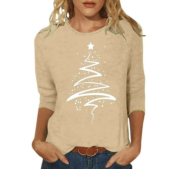 Tops For Women Christmas Trendy 3/4 Sleeve Shirts Fashion Tree Print Loose Casual Gift Tops