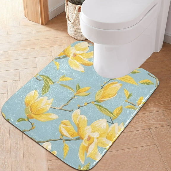 Toilet Rug U-Shaped Bathroom Rugs Non-Slip Soft Plush Machine Washable Contour Bath Mat Yellow Magnolia Flower 24x20
