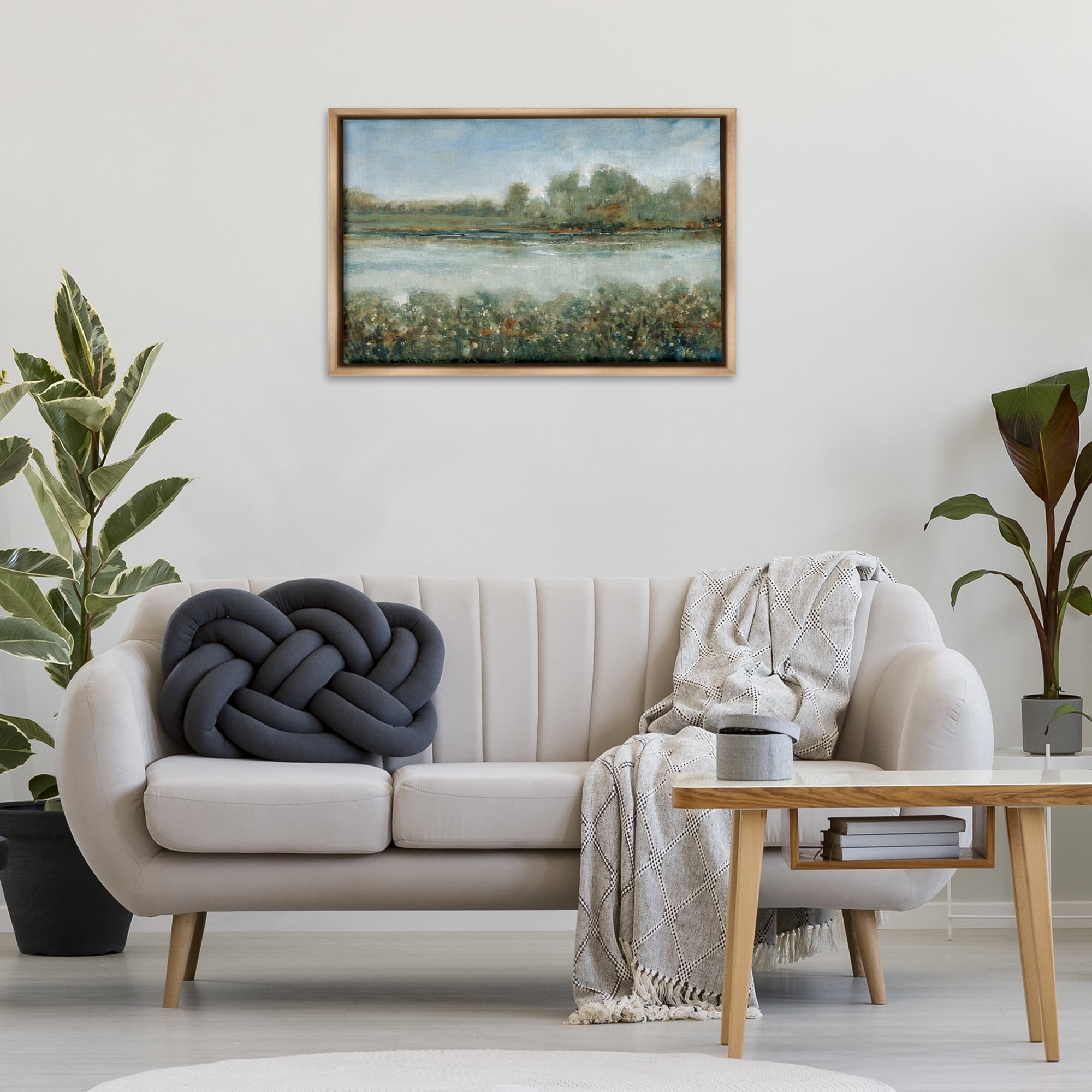 Stupell Industries Vegetation Lining River Landscape & Nature Painting Brown Floater Framed Canvas Art Print Wall Art, 31 x 21