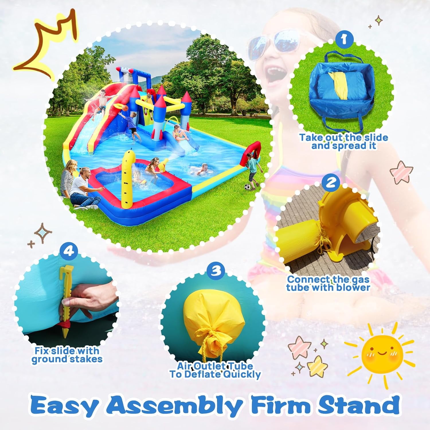 Acpouw 10 in1 Inflatable Water Slide for 3-12 Years, Bounce House with Climbing Wall, Ball Pool, Water Guns, Basketball Hoop, Soccer, Boxing Game, Indoor/Outdoor Kids Bouncy Castle with Blower