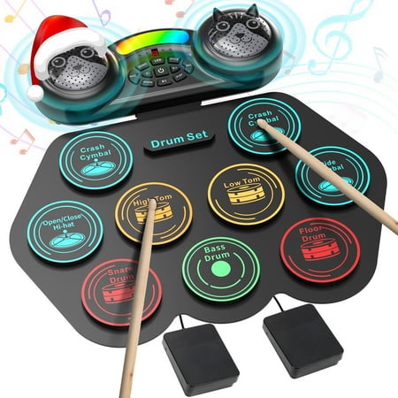 Ficcug Electronic Drum Set for Kids Adults,9 Pads Portable MIDI Roll-up Drum Kit with Dual Speakers / Headset Jack / Drumsticks / Foot Pedals,for Beginners