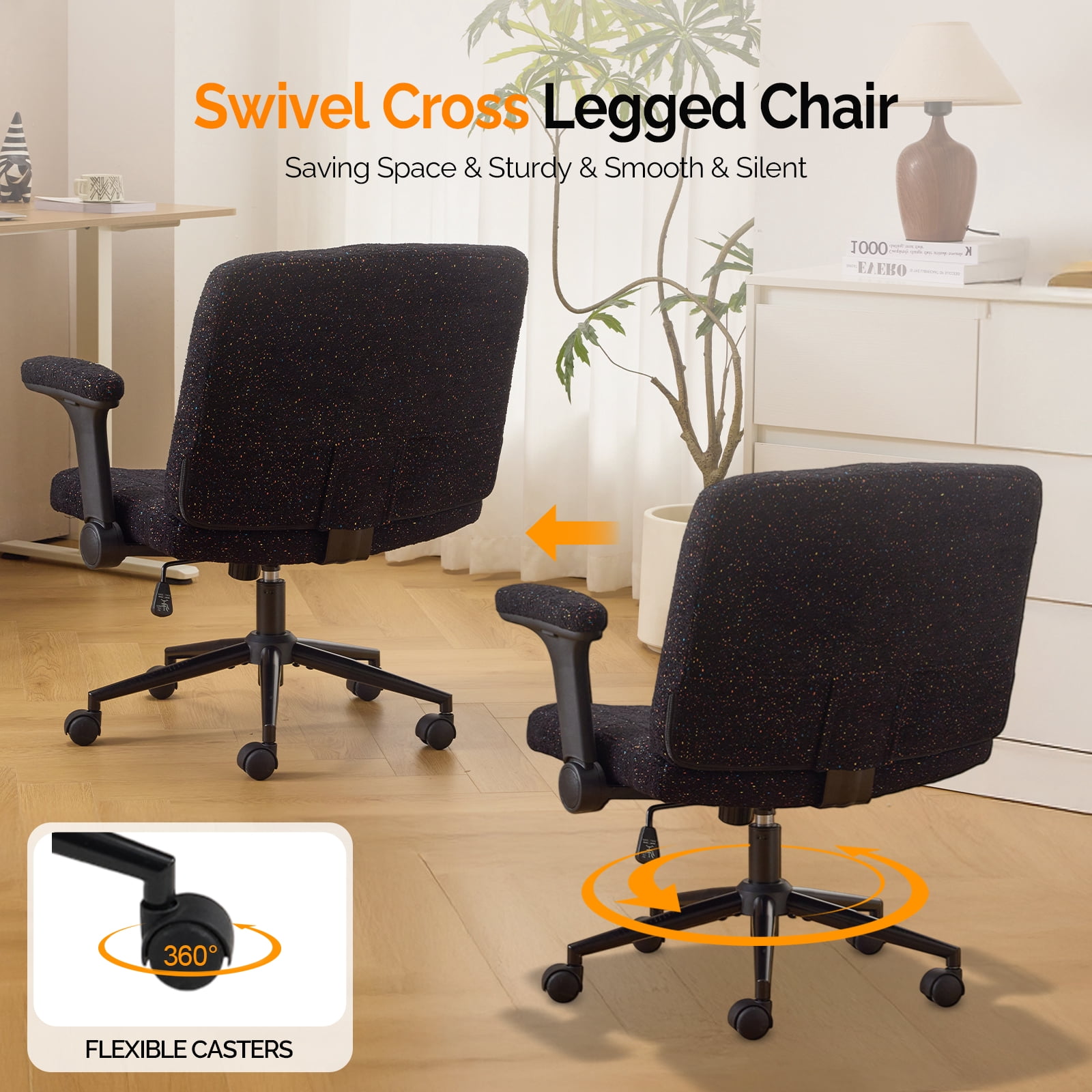 Ktaxon Office Chair, Flip-Top Armrest Desk Chair on Metal Star Base, Starry Chenille Vanity Chair with Adjustable Height & Swivel Wheels Black