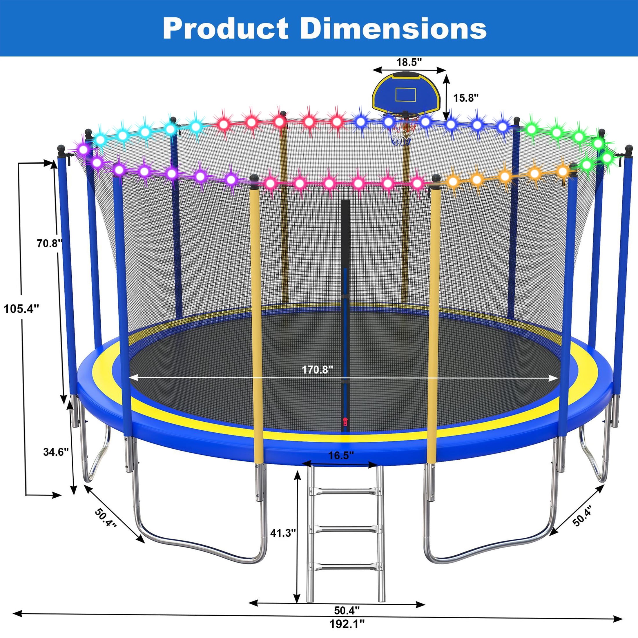 16ft Trampoline for Kids with Basketball Hoop and LED Lights, SEGMART Upgraded Kids Outdoor Trampoline with Enclosure Net and Ladder, Heavy Duty Recreational Trampoline for Indoor Outdoor Backyard
