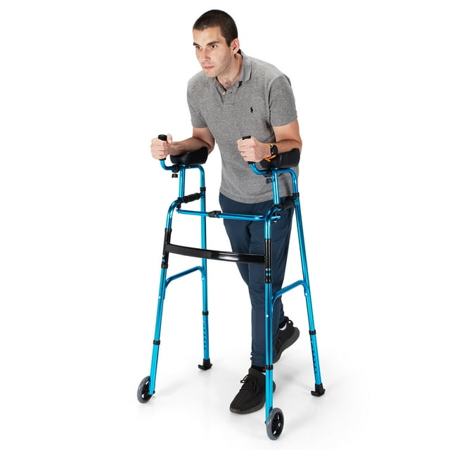 Costway Folding Wheel Walking Frame Adjustable Alloy Walker W/Armrest Support