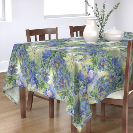 

Cotton Sateen Tablecloth 70 x 108 - Flowers Floral Blue Purple Leaves Green Iris Poppy Romantic Garden Botanical Nature Spring Print Custom Table Linens by Spoonflower