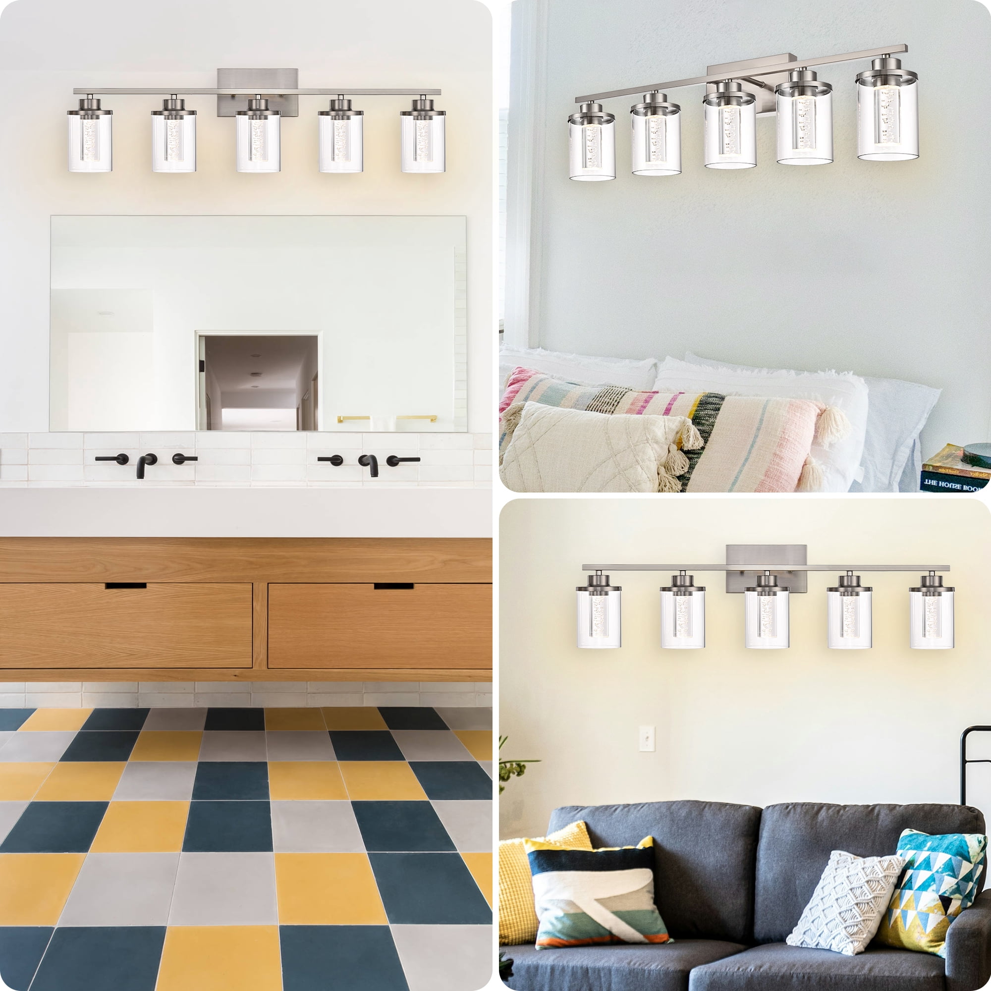 Melucee 5CCT Dimmable LED Brushed Nickel Vanity Lights 5-light, Modern Vanity Lighting Fixtures with Crystal Light Columns and Clear Glass for Bathroom Bedroom