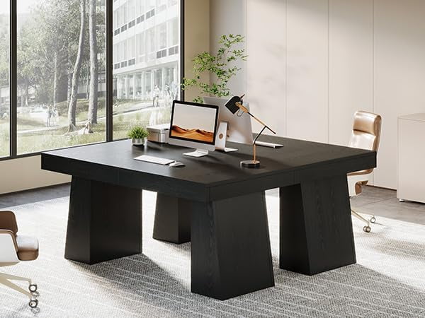 Finmind Large Wood Executive Desk, 55" Rectangle Office Desk with Double Pedestal, Modern Minimalist Computer Desk Workstations Conference Table Furniture for Home Office(Black)