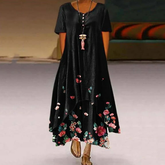 Pitauce Summer Dress for Women Floral Printed Midi Dresses Crew Neck Short Sleeve Casual Swing Hem Beach Sun Dress on Clearance