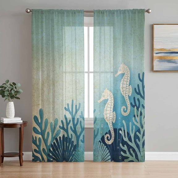 Summer Coastal Sheer Curtains 72 Inch Length 2 Panels Set, Vintage Ocean Seahorse Coral Blue Beige Voile Window Treatment Rod Pocket Curtains Sheers Drapes for Bedroom/Living Room/Kitchen 52"x72"x2