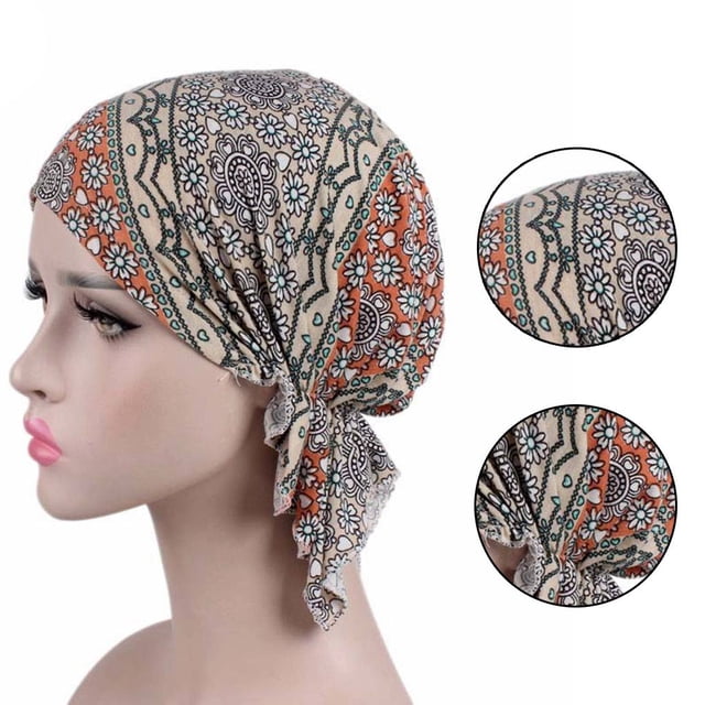 Bonnet de Chimiothérapie Imprimé Foulard Femme Coton Turban Musulman Extensible Perte de Cheveux Baotou Noué Couvre-Chef