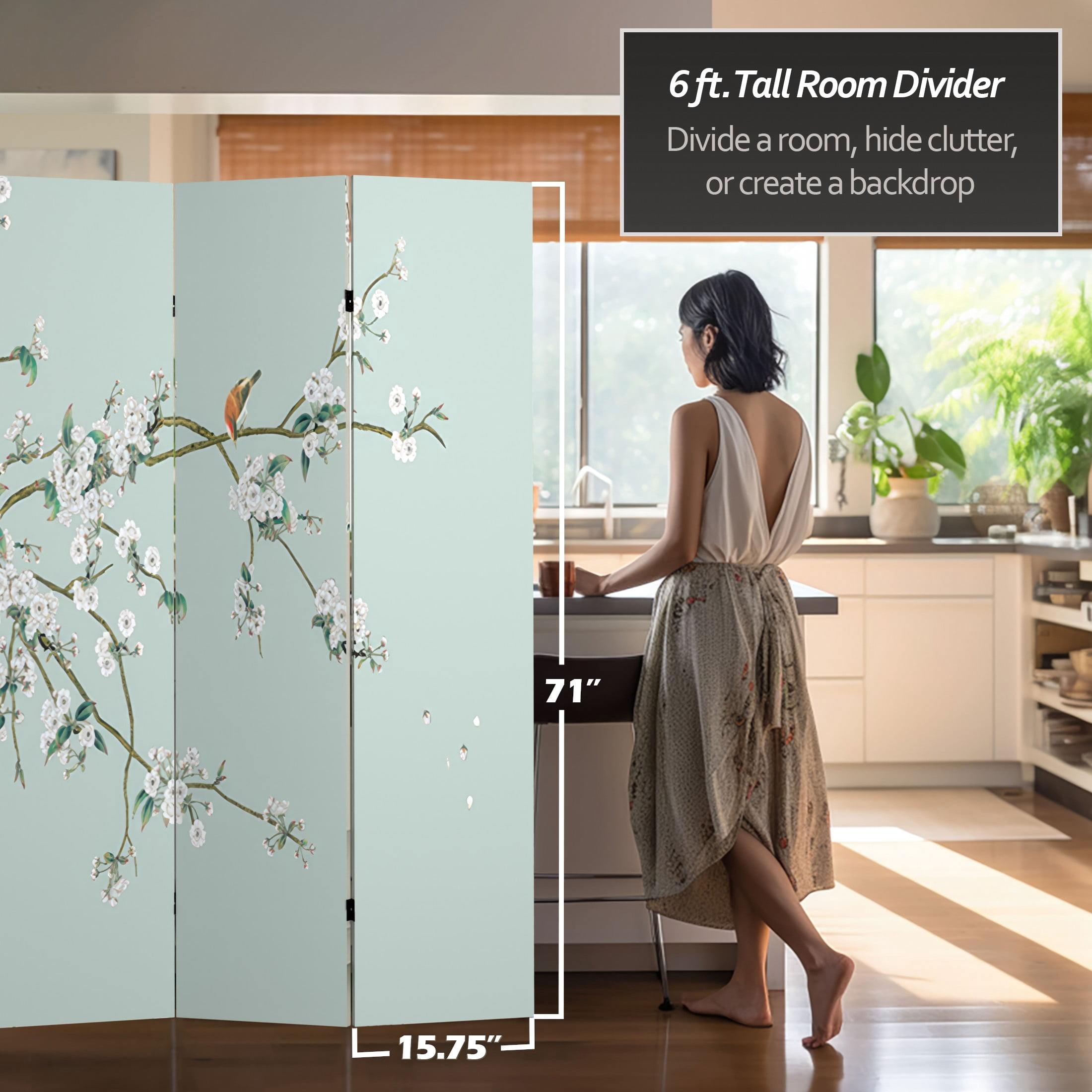Oriental Furniture 6 Feet Tall Double Sided Birds and Plum Blossoms Canvas Room Divider