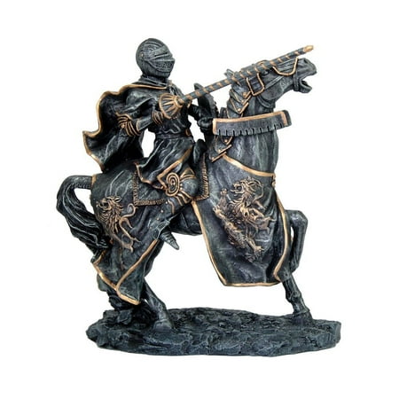 Pewter Giftware - Medieval Fantasy Calvary Knight on Battle Horse Ready for Jousting Pewter Gray Finish with Gold Accent Collectible Figurine