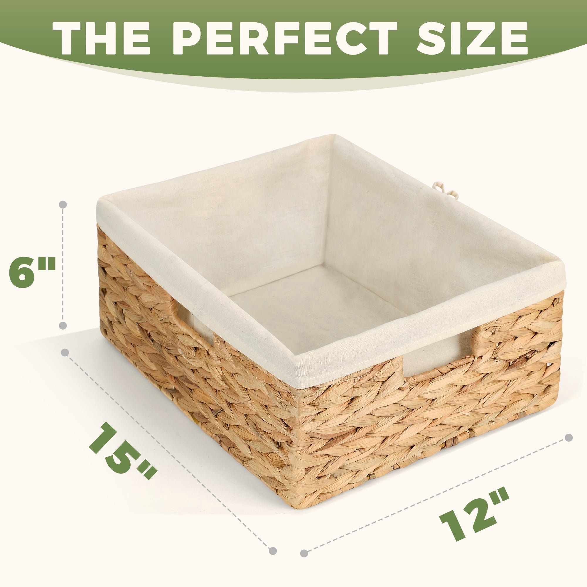 Storage Standard Large Rectangular Water Hyacinth Storage Basket with Cotton Liner, 15" x 12" x 6" Built-In Handles, Natural Woven Shelf Organizer for Pantry, Closet, Living Room