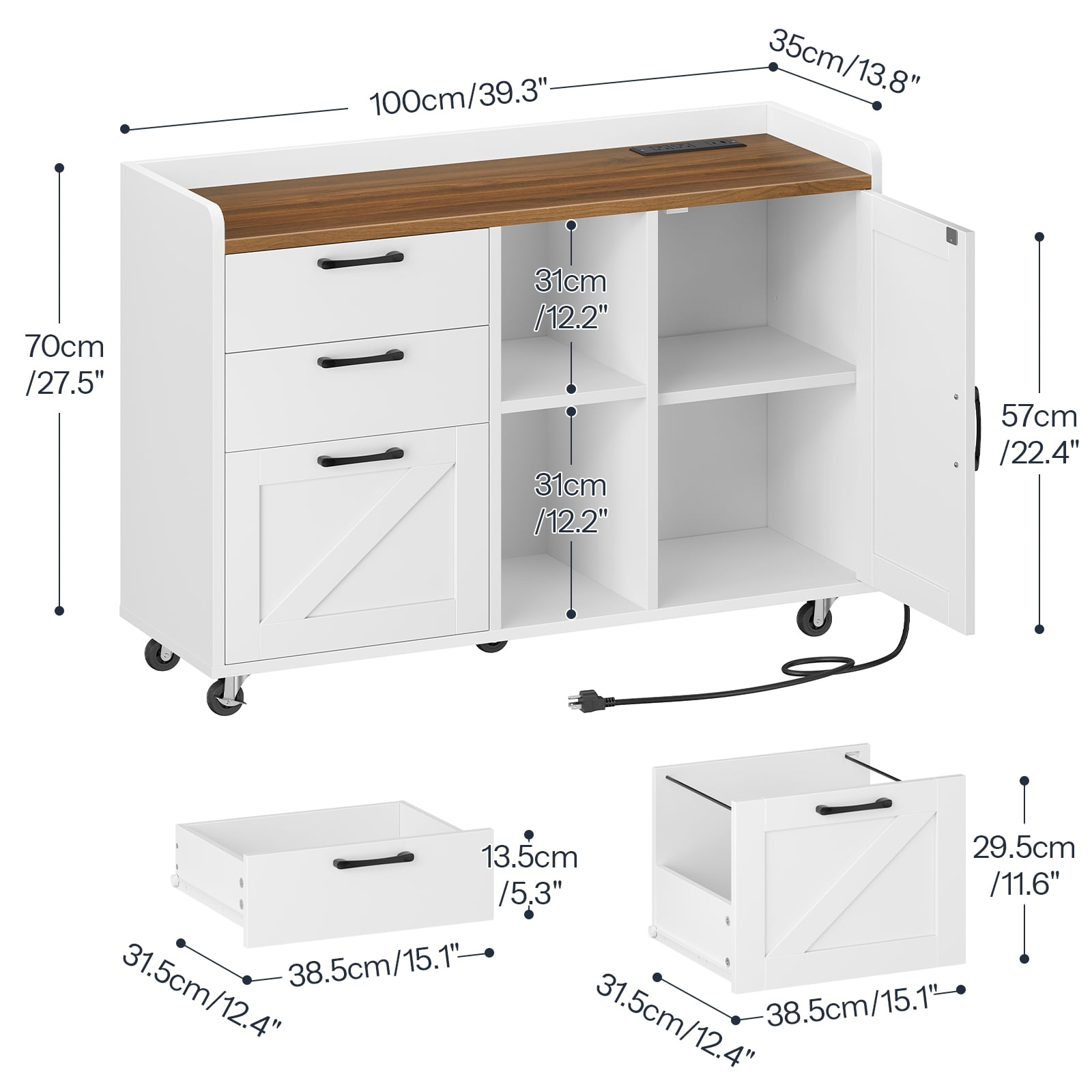HOOBRO Farmhouse Lateral File Cabinet with 3 Drawers, Door & Charging Station, White