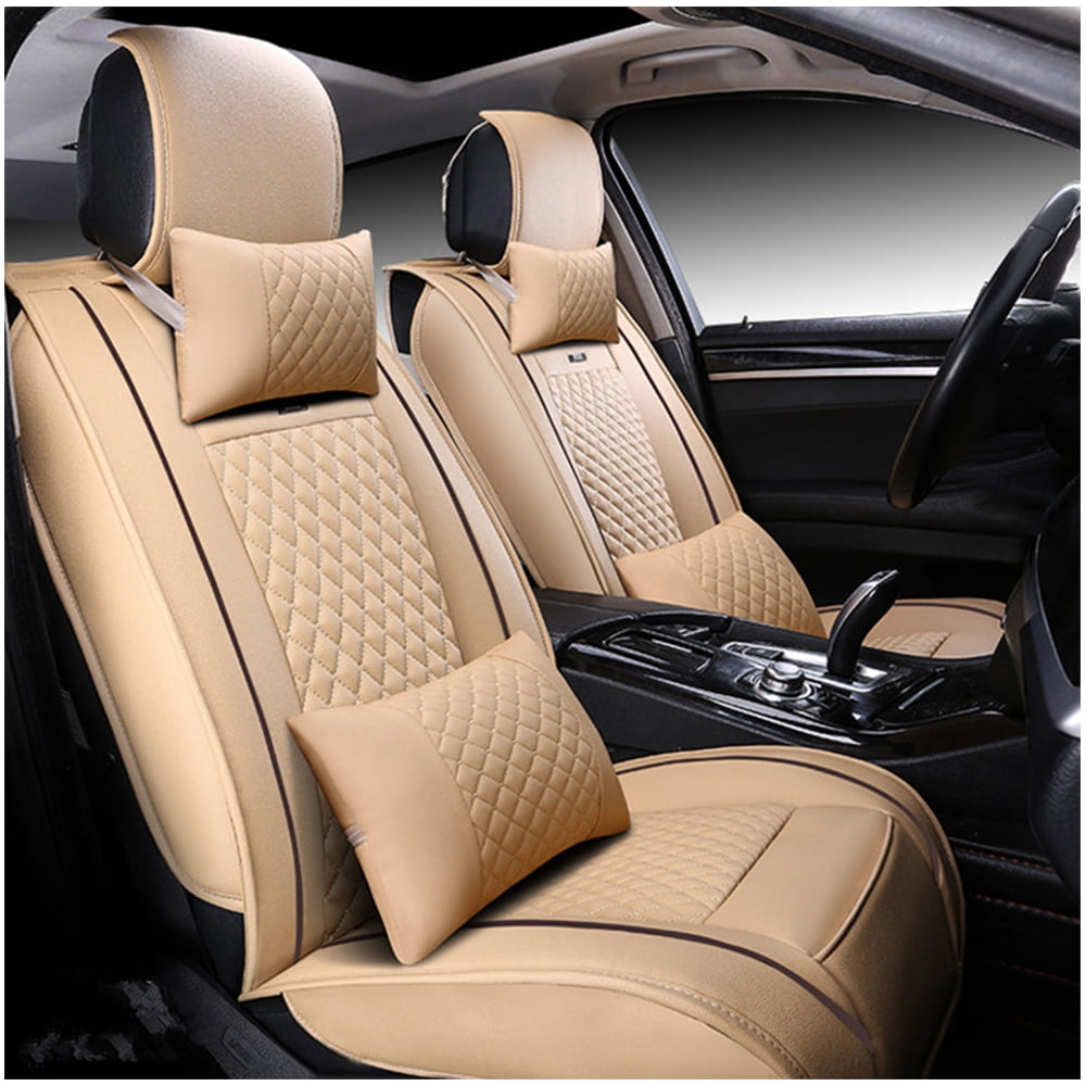 Maidao Universal Faux Leather Car Seat Covers Full Set,Auto Interior Accessories 5 Seat Covers All Season Fit for SUV,Sedan,Van, Airbag Compatible with Pillow Beige