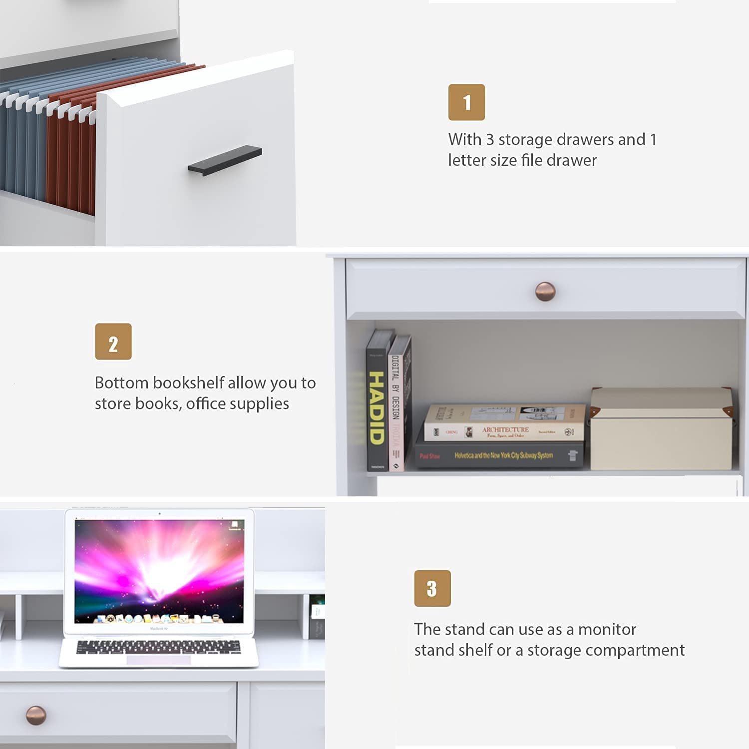 Catrimown Computer Desk with Drawers, White Desk with Storage, Home Office Desk with Monitor Stand, Student Writing Desk, White