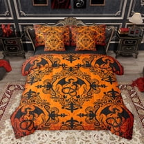Homewish Vintage Western Dragon Bedding Comforter Set 7pcs, Orange Damask Flower Print Queen Bedding Sets, Hippie Mandala Style Reversible Queen Sheet Sets, Luxury Bedroom Decor