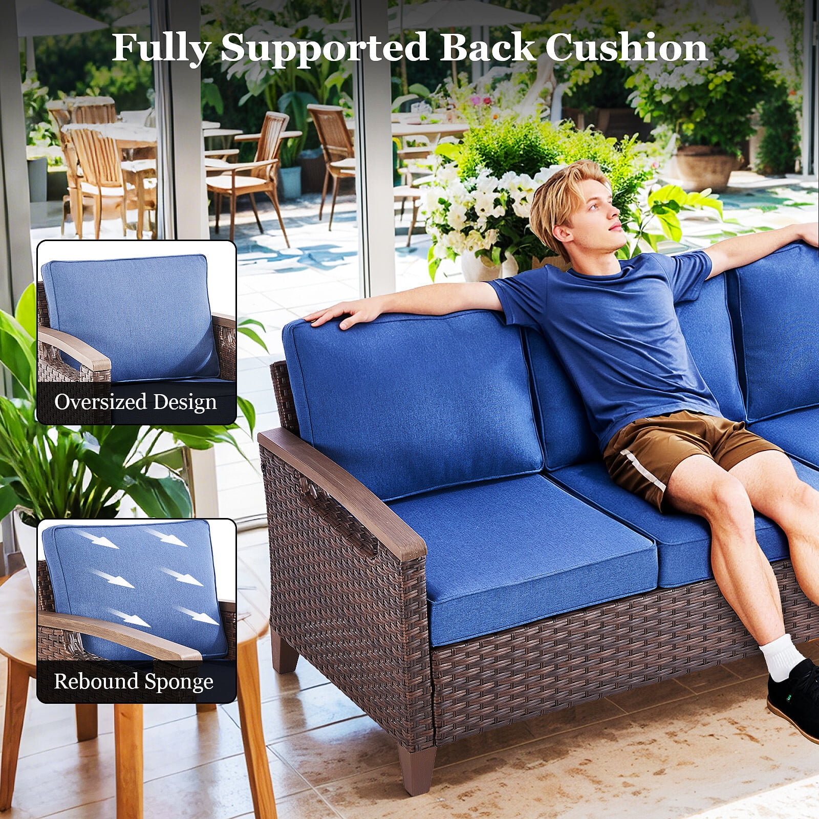 Bellefurn Wicker Patio Sofa Outdoor Couch,Patio 3 Seater Sofa Outdoor Rattan Furniture Sofa with Non-Slip Thick Cushions for Outdoor,Garden,Lawn,Backyard