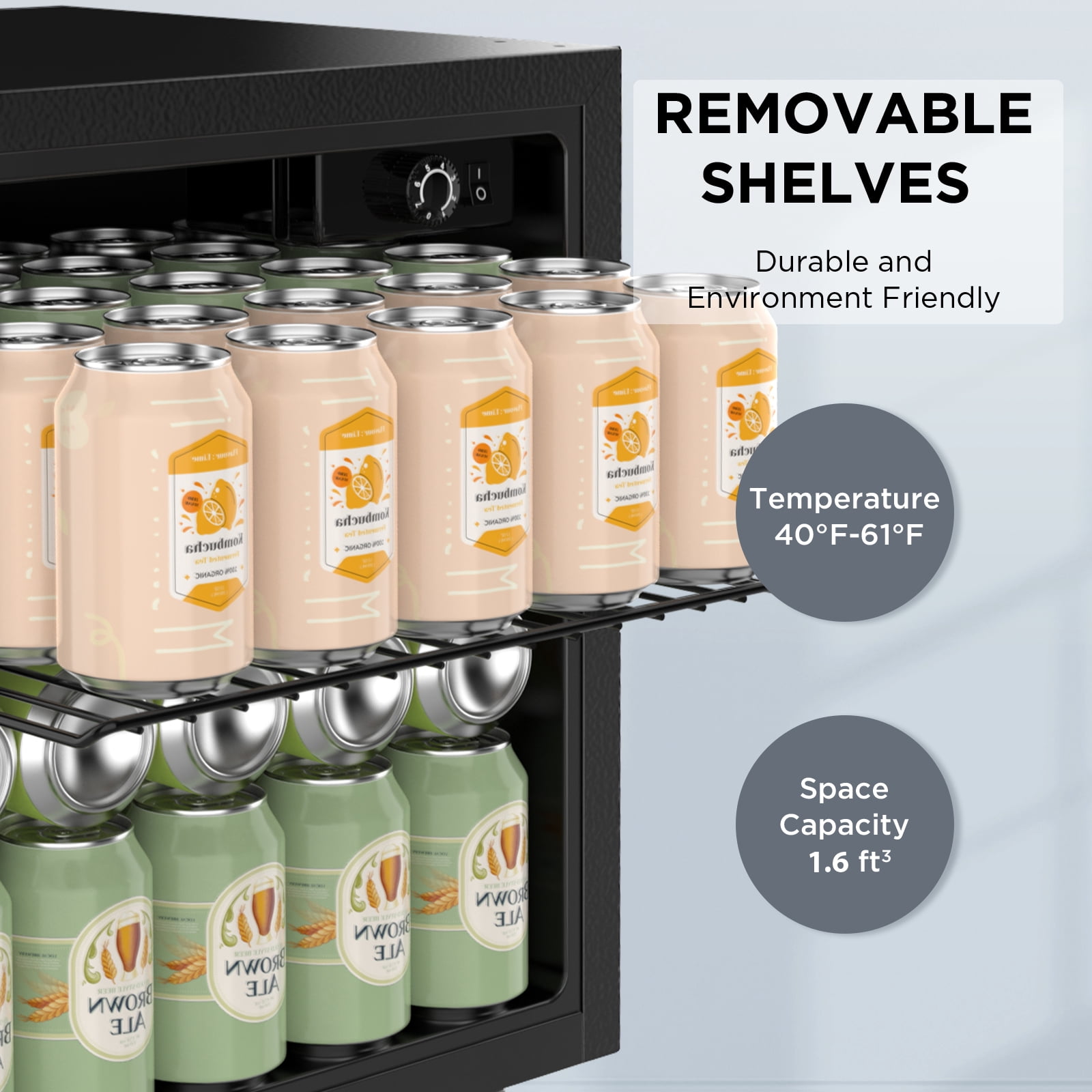 KNDKO 60 Can Beverage Refrigerator, 1.6cu.ft Mini Fridge Cooler with Glass Door for Beer/Soda/Wine