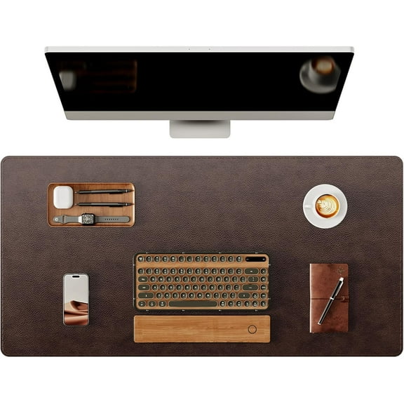 Genuine Leather Desk Mat, 31.5"x15.8" Office Desk Pad, Thick Premium Table Pad with Stitched Line, Non-Slip Laptop Writing Pad with Rubber Base