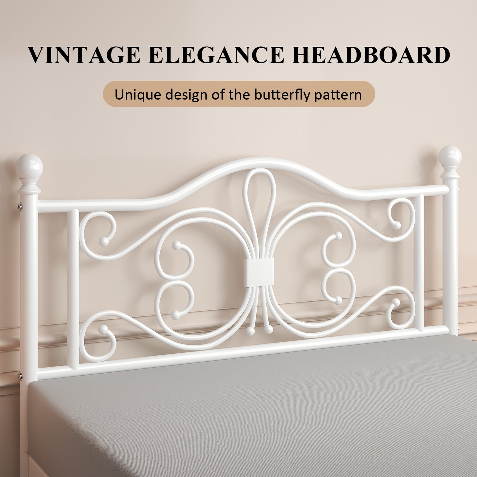E-motie Metal Platform Bed Frame Queen Size with Butterfly Pattern Vintage Headboard & Footboard, Underbed Storage, White