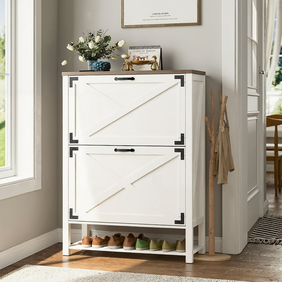 VEANERWOOD Shoe Cabinet with 2 Flip Drawers, Narrow Slim Shoe Rack with Open Shelf and Adjustable Shelves, Wood Shoe Organizer for Entryway, Foyer, Hallway