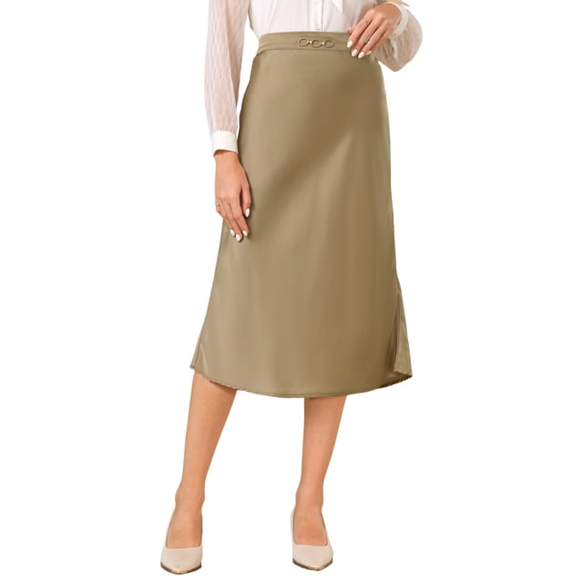 Falda de satén elegante para mujer INSPIRE CHIC, con cintura elástica, falda midi de seda en línea A, talla L, color caqui