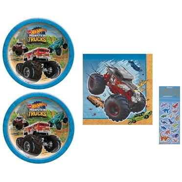 Hot Wheels Monster Trucks Birthday Party Supplies Bundle includes 16 Paper Plates 9", 16 Paper Napkins 6.5", 1 Dinosaur Sticker Sheet