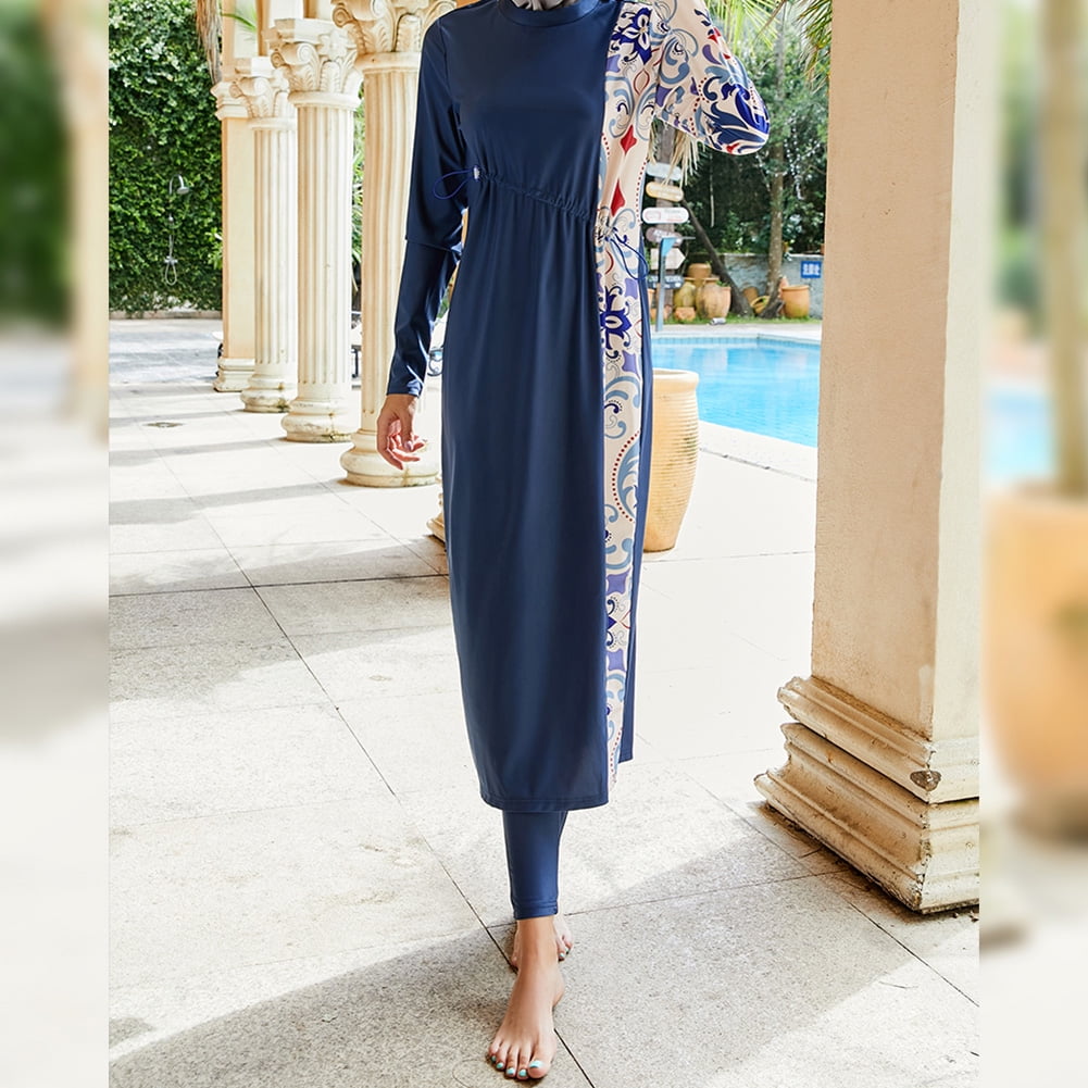 IBTOM CASTLE Muslim Swimsuits for Women Modest Islamic Arabic Swimwear Burkini Full Cover Hijab Top Pants Swimming Cap Bathing Suits XL Dark Blue Floral