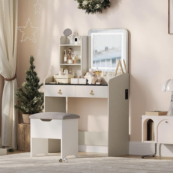 Vanity Desk with Mirror Lights and Charging Station Modern Vanity Set with Storage Stool Drawers and Cabinet Padded Ottoman Bedroom Dressing Table White Black Tabletop