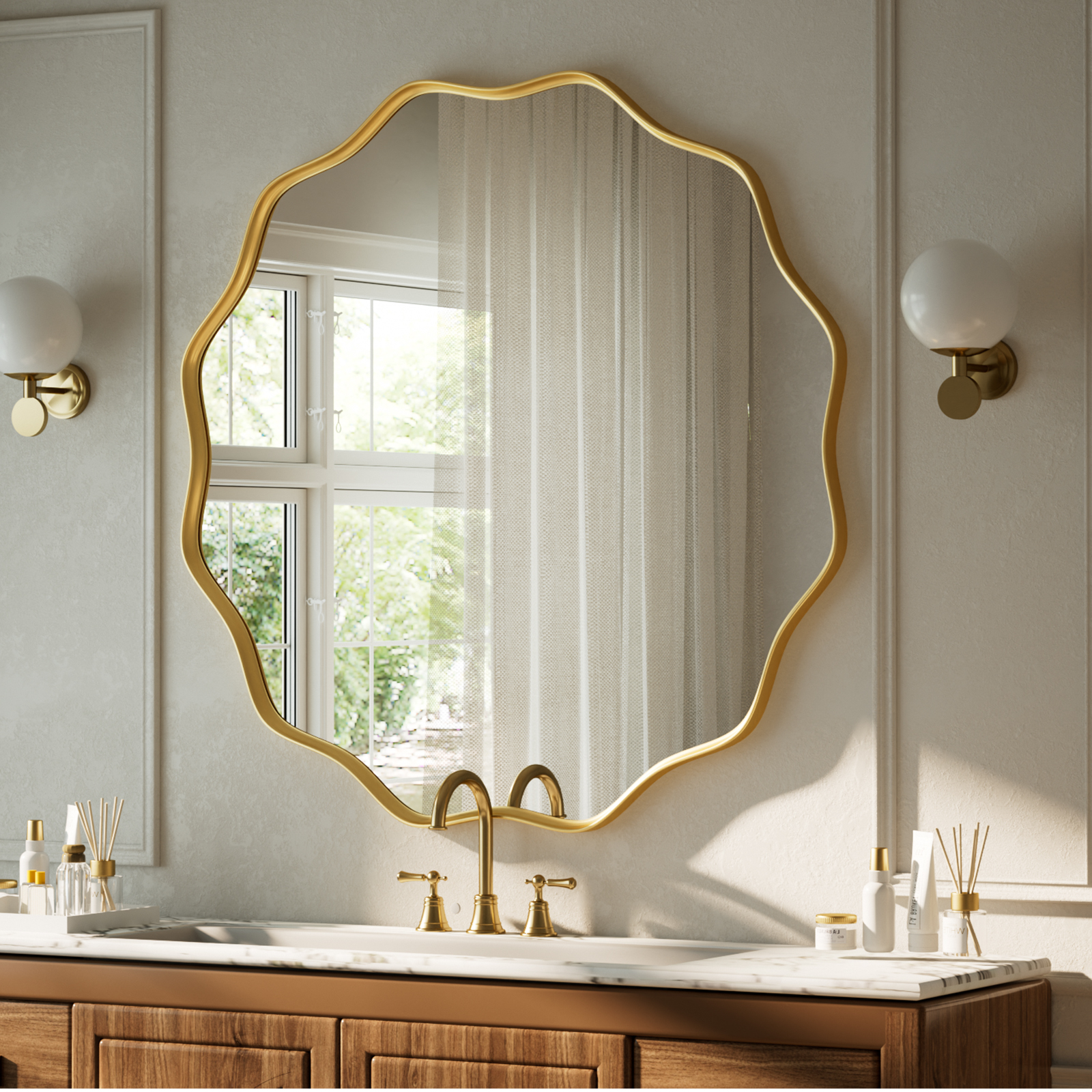 GRAHMCY 36" Wavy Round Bathroom Mirror Decorative Wall Mirror With Deep Frame, Gold