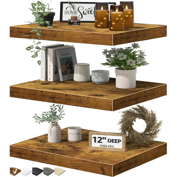 12" Deep Floating Shelves for Wall - 12 x 16 inch Book Shelf Bathroom Bedroom Kitchen Living Room Hanging Bookshelf Farmhouse Set of 3, Brown