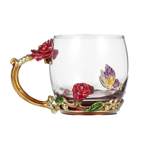 Tazas Irfora Red Rose Enamel Craft Water Cup Drink Mug con mango Design Tea Coffee Cup with Spoon Paño de limpieza Set 320ML Irfora Tazas