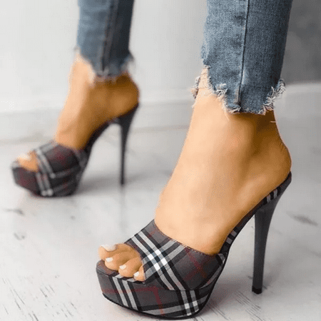 

Women‘s Plaid Platform Stiletto Sandals Open Toe Slip-on Round Toe High Heels Women‘s Fashion Footwear