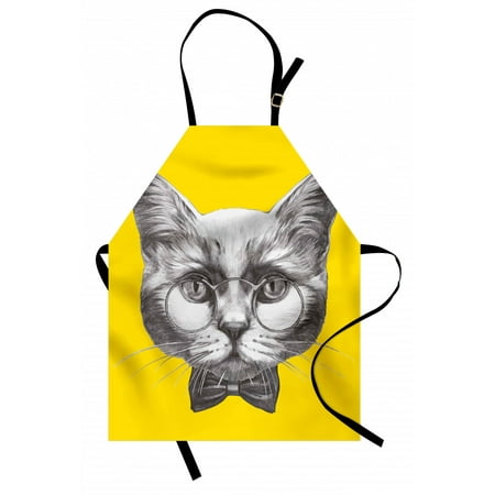 

Animal Apron Hand Drawn Portrait of Cute Cat with Glasses and Bow Tie Sketch Hipster Print Unisex Kitchen Bib Apron with Adjustable Neck for Cooking Baking Gardening Yellow Grey White by Ambesonne