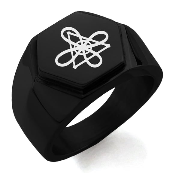 Stainless Steel Reiki Gnosa Connection Engraved Hexagon Crest Flat Top Biker Style Polished Ring