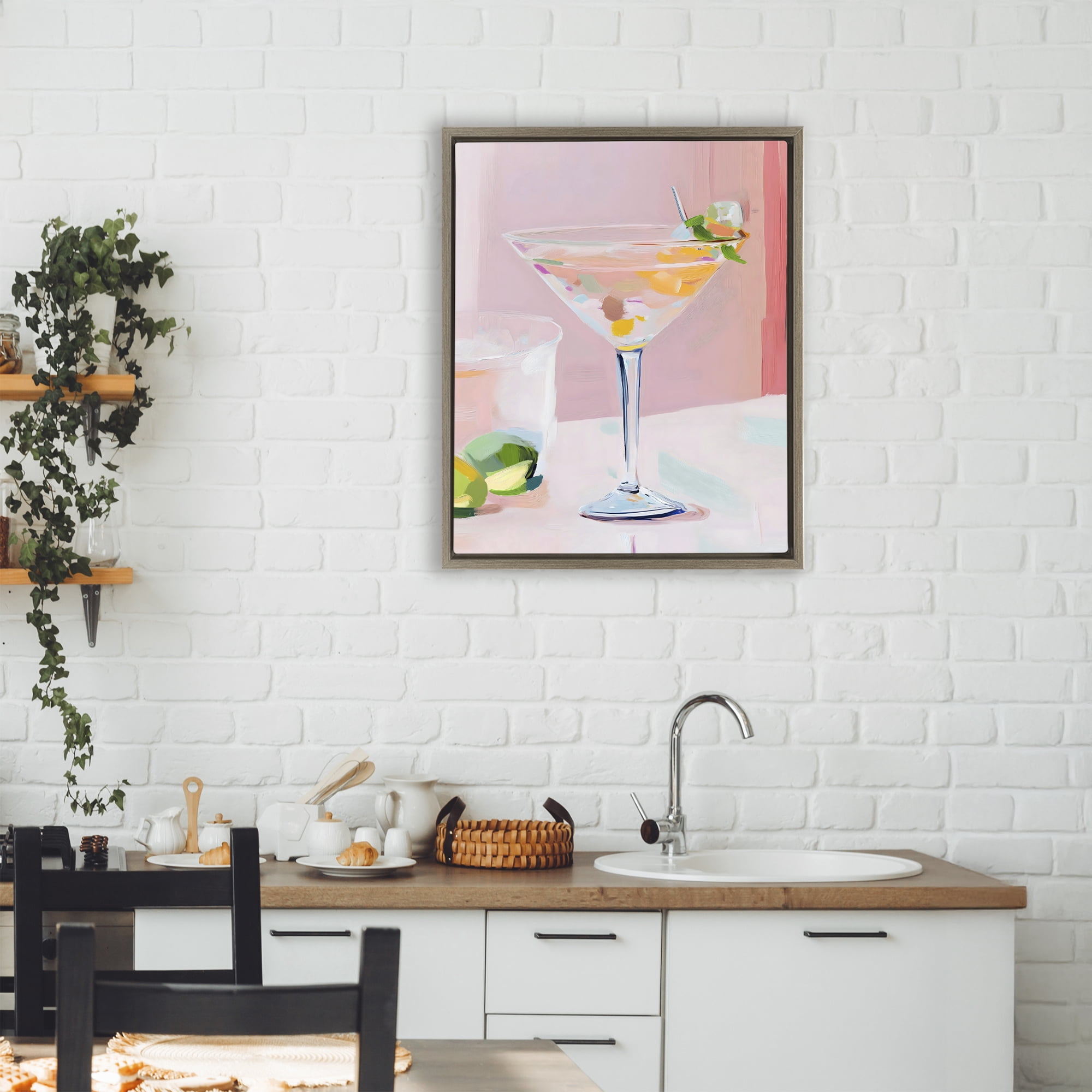 Stupell Industries Pink Martini Bar with Lime Brown Framed Floater Canvas Wall Art, design by The Prints Vibe