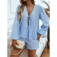 thumbnail image 4 of Women'S 2 Piece Outfits Set Long Sleeve Tie Front Top Short Set Casual Tracksuit Pajama Sets Blue L, 4 of 8