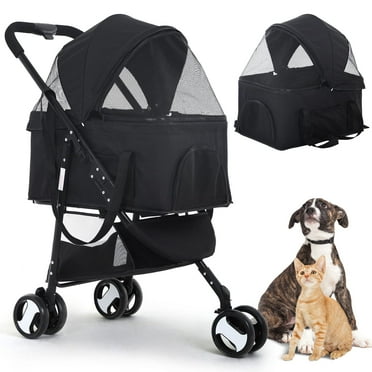 3 Wheels Pet Stroller Cat Dog Stroller for Small Medium Dogs 3-in-1 Detachable Travel Folding Carrier with Storage Basket, Black