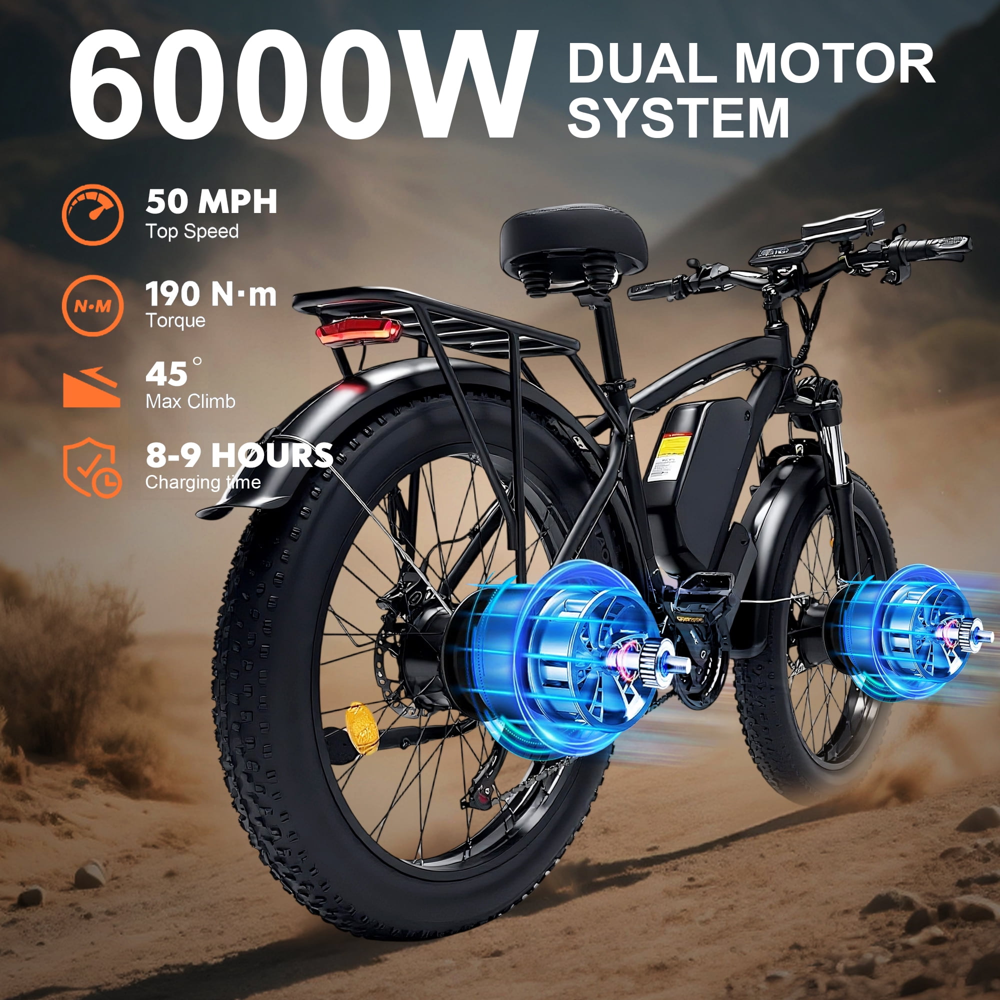 KYD Electric Fat Tire Bike for Adults, 6000W Dual Motor Ebike, Max 50MPH 26"x4.0 Off-Road Mountain Electric Bicycle, 60V 25AH, UL2849
