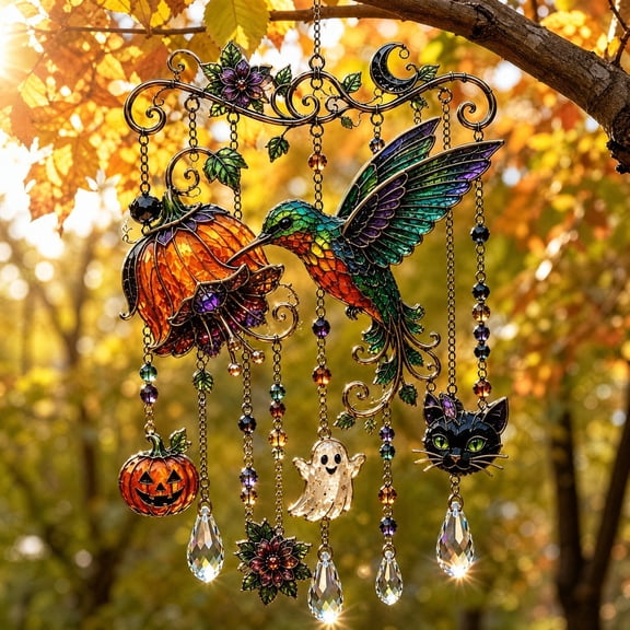 BingTong Halloween Acrylic Suncatcher Wind Chime Hanging Ornament,Colorful Light Spooky Window Decor With Melodic Chimes,Weatherproof Outdoor Patio Garden Yard Party Decor D