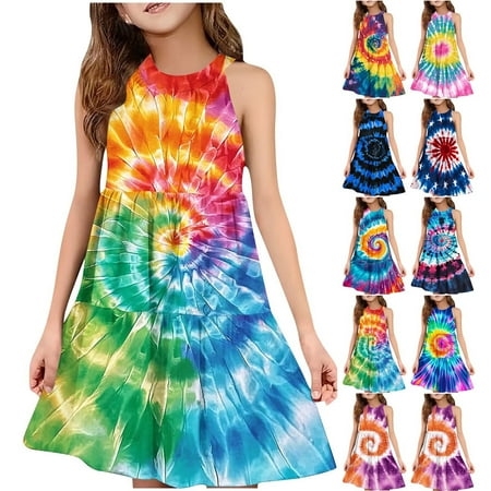 Agkizg Girls Summer Dress Gradient Floral Print Sleeveless Spaghetti Strap Sundress Comfortable Fitting Dress Sizes 13-14 Years
