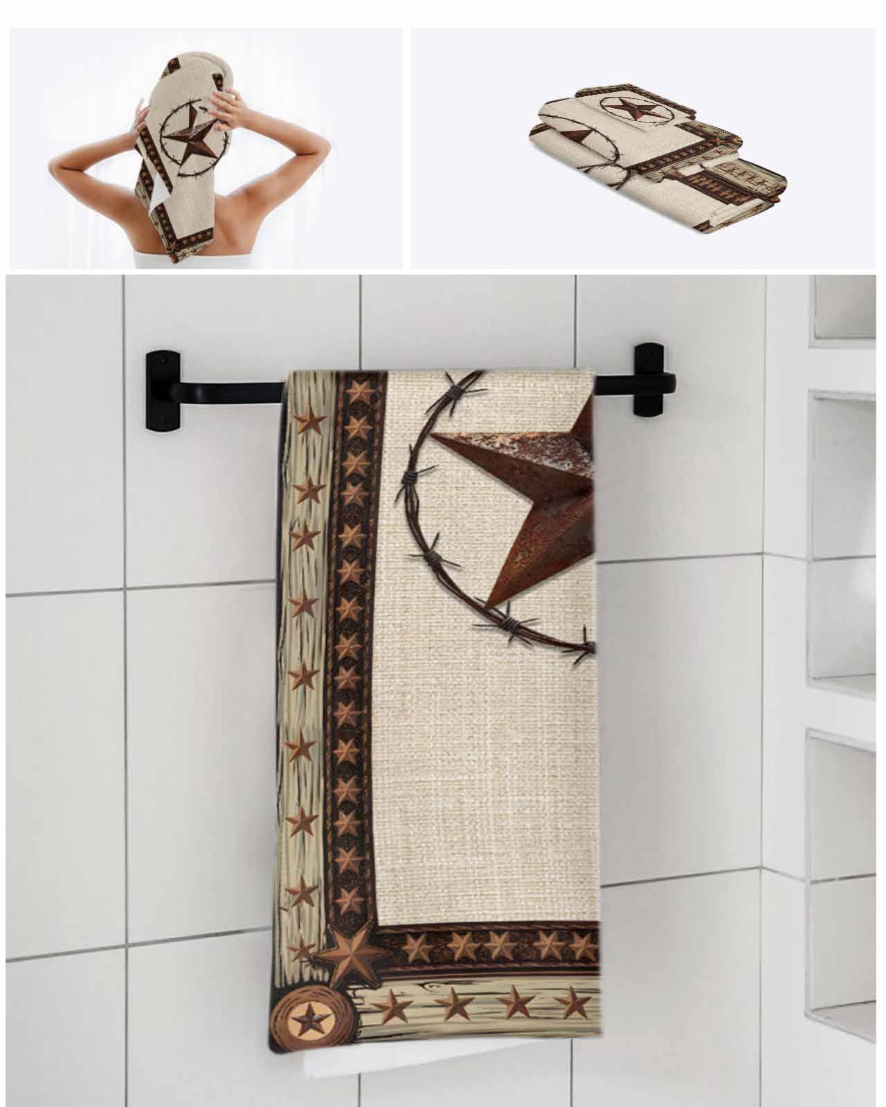 Country Texas Star Towel Set of 3, Soft Microfiber Bath Towels, Hand Towel, Washcloths, Brown Farmhouse Vintage Wooden Quick-Dry Absorbent Towels for Bathroom Kitchen Hotel Beach Gym Spa