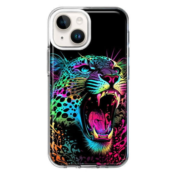 MUNDAZE Case for Apple iPhone 15 Hybrid Shockproof Slim Hard Soft TPU Shell Heavy Duty Protective Phone Cover - Neon Rainbow Glow Colorful Leopard