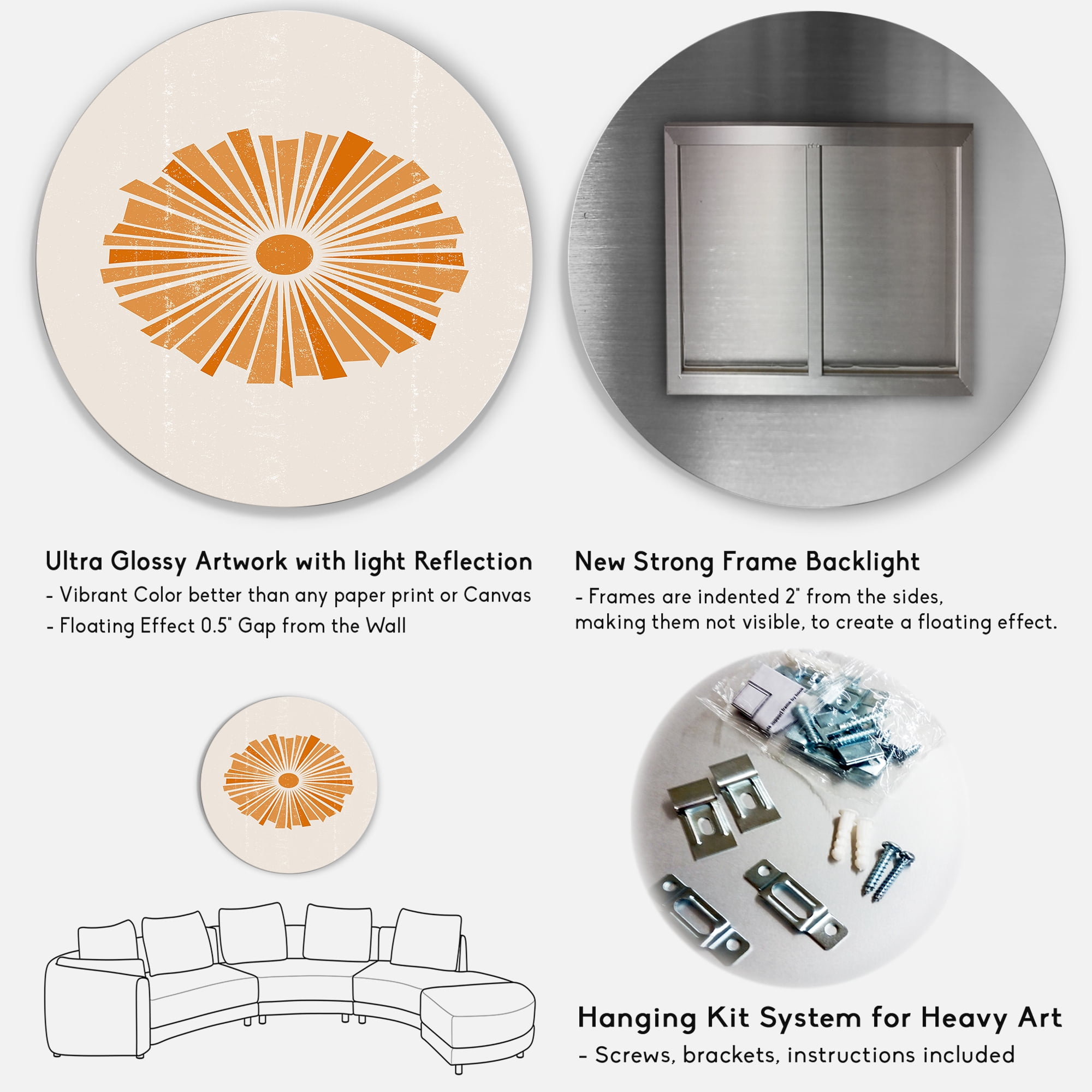 Designart 'Orange Radiant Sun I' Modern Circle Metal Wall Art 29x29 - Disc of 29