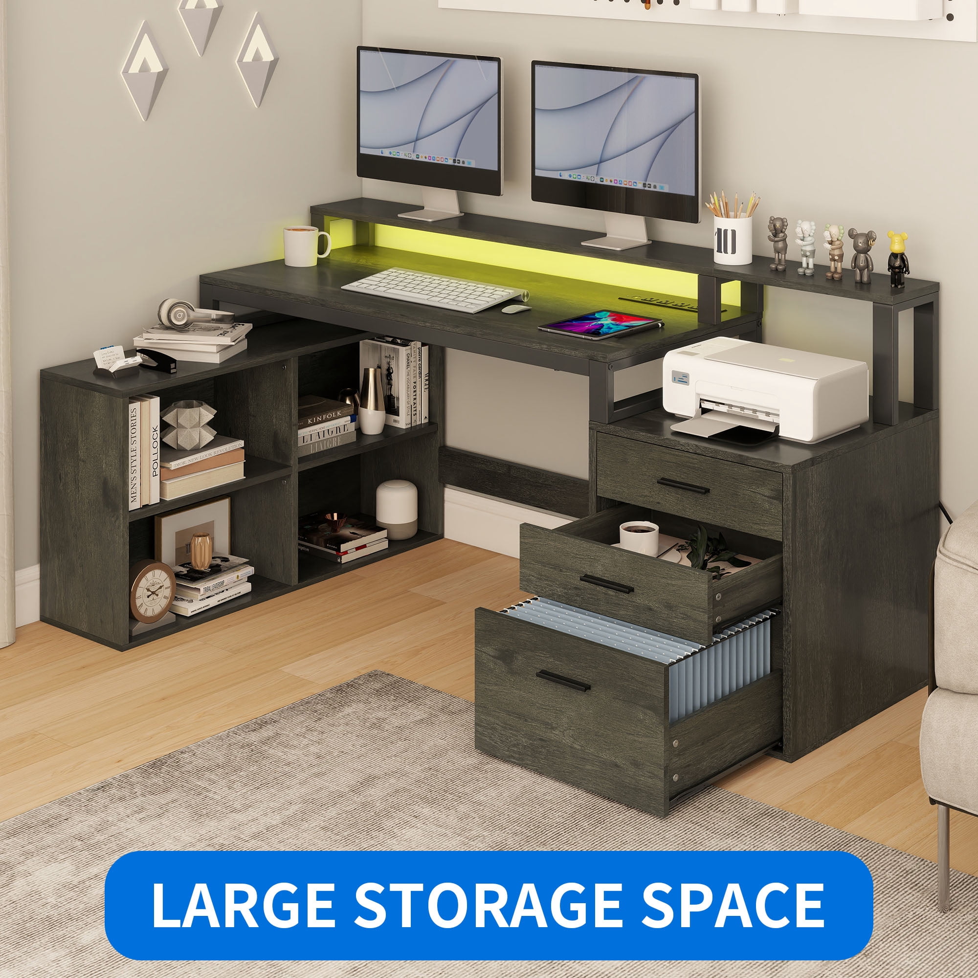 Dextrus L-Shaped Desk with USB Ports & LED Light, Modern Computer Desk with Monitor Stand & 3 Drawers,  White