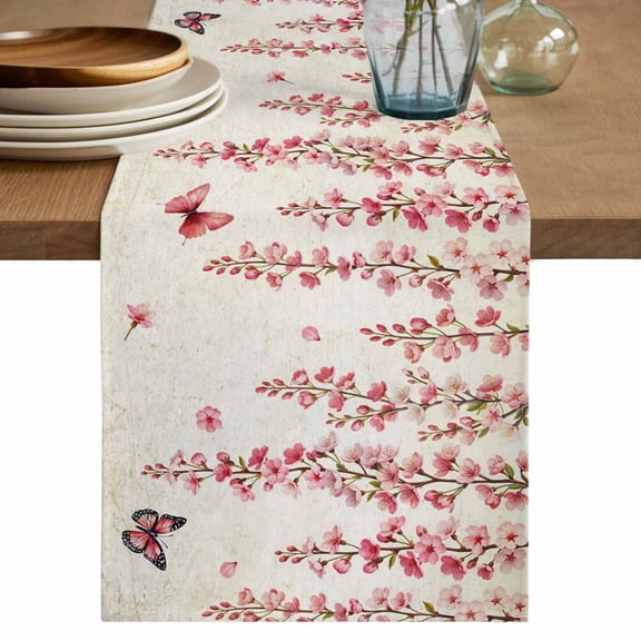 Table Runner 36 Inches Long for Kitchen Dining, Butterfly Flower Dresser Scarf Farmhouse, Dining Table Decorations for Wedding/Parties, Farmhouse Vintage Country Pink Floral 13 x 36 In