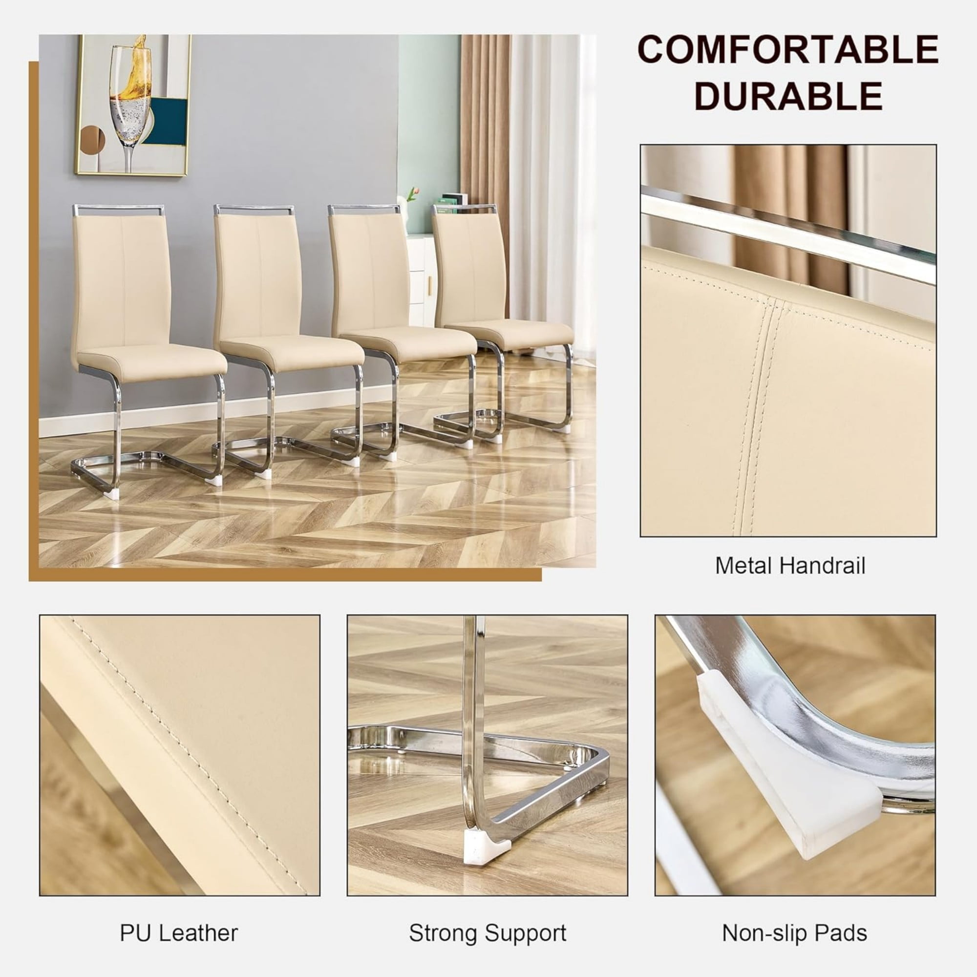 TesNus Dining Chair Set, Beige PU Leather High Back with Chrome Cantilever Frame, Set of 4 for Dining Room